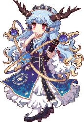 1girl bamboo_slips black_footwear blonde_hair blue_gemstone blue_hair blue_ribbon dress four-pointed_star frilled_dress frilled_sleeves frills full_body game_cg gem gold_choker gold_tiara gradient_hair hair_tubes high_heels holding holding_scroll horns jewelry jien_yuu kumio long_dress lowres multicolored_hair orb original pointy_ears purple_gemstone red_eyes ribbon robe scroll socks solo space_print star_(symbol) starry_sky_print tachi-e third-party_source tiara touhou touhou_blooming_chaos touhou_mystia&#039;s_izakaya transparent_background white_socks