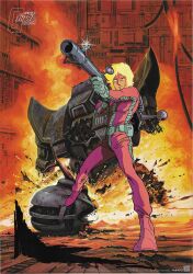 1980s_(style) 1boy a_baoa_qu aiming animec_(magazine) bazooka_(gundam) blonde_hair blood blood_on_face char_aznable debris explosion fire glint gundam highres injury jetpack key_visual logo machinery mecha mobile_suit mobile_suit_gundam mullet official_art oldschool pilot_suit promotional_art retro_artstyle robot ruins scan scar scar_on_face science_fiction severed_head sideburns space_station spacecraft_interior spacesuit spoilers title wreckage yasuhiko_yoshikazu zeon zeong