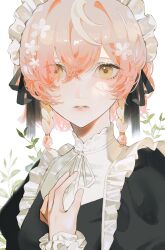 Rule 34 | 1girl, absurdres, adapted costume, apron, black dress, black ribbon, blonde hair, braid, dress, expressionless, flower, frilled apron, frilled sleeves, frills, gradient hair, hair between eyes, hair flower, hair intakes, hair ornament, hair over one eye, hand on own chest, highres, juliet sleeves, klara charmwood, light blush, long sleeves, looking at viewer, maid, maid apron, maid headdress, multicolored hair, neck ribbon, nijisanji, nijisanji en, open mouth, parai0, pink lips, plant, puffy sleeves, ribbon, short hair, side braids, sidelocks, solo, turtleneck, upper body, white apron, white background, white flower, white headdress, white ribbon, yellow eyes