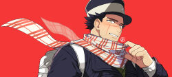 1boy backpack bag black_hair black_hat black_jacket golden_kamuy grey_eyes grin hat highres jacket long_sleeves looking_at_viewer male_focus onnomono red_background scar scar_on_face scarf scarf_pull smile solo sugimoto_saichi