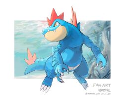 air_bubble border bubble claws commentary_request dated fangs fangs_out feraligatr full_body gen_2_pokemon highres looking_to_the_side momota_pix nintendo no_humans outside_border pokemon pokemon_(creature) pokemon_focus signature solo twitter_username underwater white_border yellow_eyes