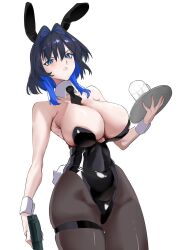 1girl absurdres alternate_costume animal_ears black_hair black_necktie black_pantyhose blue_eyes blue_hair breasts cup daaku_(koizumi_arata) detached_collar drinking_glass fake_animal_ears fake_tail hair_intakes highleg highleg_leotard highres holding holding_tray hololive hololive_english huge_breasts leotard multicolored_hair necktie ouro_kronii pantyhose parted_lips playboy_bunny rabbit_ears rabbit_tail simple_background solo strapless strapless_leotard tail thigh_strap tray two-tone_hair virtual_youtuber white_background wrist_cuffs