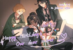 :d aqua_eyes birthday black_gloves black_hair black_jacket black_necktie blonde_hair bouquet brown_hair character_doll collared_shirt commentary couch dark-skinned_male dark_skin dated doll english_commentary facial_scar fingerless_gloves flower full-stop_office_(identity)_(project_moon) gloves goggles goggles_on_headwear green_jacket grin hair_between_eyes happy_birthday heathcliff_(project_moon) heterochromia highres hong_lu_(project_moon) jacket kiscript limbus_company long_hair looking_at_another male_focus necktie on_couch open_mouth ponytail project_moon ribbed_sweater scar scar_on_cheek scar_on_face shirt short_hair sinclair_(project_moon) sitting sleeping smile sweater white_gloves white_shirt white_sweater yellow_eyes