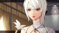 1girl asymmetrical_bangs bandaged_neck bandages border closed_mouth commentary crying eightyfourart english_commentary eyelashes flower highres kaine_(nier) letterboxed medium_hair nier nier_(series) outside_border pink_lips solo streaming_tears tears transparent_border upper_body white_flower white_hair yellow_eyes