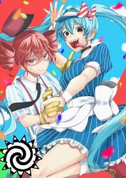2girls alternate_costume apron arm_up back_bow black_eyes black_necktie blue_hair blue_sky blush bow breasts cloud collared_shirt commentary_request dress drill_hair flat_chest floating_clothes floating_hair gloves hair_between_eyes hat hatsune_miku highres himajinnaponta holding_hands interlocked_fingers kasane_teto leg_up long_hair looking_at_viewer medium_breasts mesmerizer_(vocaloid) multiple_girls necktie nervous nervous_smile outstretched_arm pants pinstripe_dress pinstripe_pattern red_eyes red_hair red_hat red_pants red_shoes shaded_face sharp_teeth shirt shoes short_sleeves sky sleeves_rolled_up smile smiley_hat_ornament solid_circle_eyes spiral standing standing_on_one_leg striped_clothes suspenders sweatdrop teeth tongue tongue_out twin_drills twintails utau very_long_hair vocaloid waist_apron white_apron white_bow white_wrist_cuffs wing_collar wrist_cuffs yellow_gloves