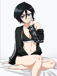 1girl black_eyes black_hair black_jacket black_sports_bra bleach breasts commentary english_commentary hair_between_eyes highres jacket kuchiki_rukia navel simple_background small_breasts solo sports_bra track_jacket twitter_username waligner white_background