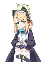 1girl animal_ear_headphones animal_ears apron aqua_bow aqua_bowtie black_dress blonde_hair blue_archive blush bow bowtie cat_ear_headphones cat_tail chinese_commentary clothes_lift collared_dress contrast_collar cowboy_shot dot_nose dress dress_lift fake_animal_ears fake_tail green_eyes green_halo groin halo headphones hei_mu_nan_tong highres lifting_own_clothes light_smile long_sidelocks long_sleeves looking_at_viewer maid maid_apron maid_headdress medium_hair midori_(blue_archive) midori_(maid)_(blue_archive) navel official_alternate_costume official_alternate_hairstyle pantyhose puffy_long_sleeves puffy_sleeves short_twintails sidelocks simple_background sketch solo swept_bangs tail tail_censor twintails white_apron white_background white_pantyhose