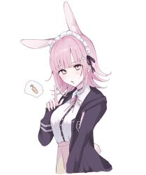 1girl :o animal_ears black_jacket black_shirt blush breasts carrot collared_shirt cowboy_shot danganronpa_(series) danganronpa_2:_goodbye_despair dress_shirt highres jacket large_breasts nanami_chiaki neck_ribbon open_clothes open_jacket pink_eyes pink_ribbon pleated_skirt rabbit_ears rabbit_girl rabbit_tail ribbon shima_(fm_90mhz) shirt skirt solo spoken_food tail white_shirt