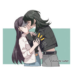 2girls bang_dream! bang_dream!_it&#039;s_mygo!!!!! belt black_choker black_hair black_jacket black_shirt blue_skirt brown_hair choker closed_eyes cropped_legs earrings english_text grabbing_another&#039;s_arm grey_skirt hand_on_another&#039;s_cheek hand_on_another&#039;s_face highres jacket jewelry joker_(jjjokerrr233) kiss long_hair medium_hair multiple_girls shiina_taki shirt skirt white_jacket yahata_umiri yuri