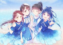Rule 34 | 4girls, ^ ^, aida rikako, animification, aqours finale lovelive! ~eikyuu stage~, bare shoulders, black hair, blue bow, blue bowtie, blue dress, blue hair, blue ribbon, bow, bowtie, breasts, brown eyes, brown hair, center frills, closed eyes, closed mouth, clothing cutout, collarbone, collared dress, commentary request, cowboy shot, dress, eikyuu hours, finger gun, frilled dress, frills, hand on another&#039;s shoulder, high ponytail, holding hands, interlocked fingers, jewelry, long hair, looking at viewer, love live!, love live! sunshine!!, matsuura kanan, medium breasts, medium dress, mimori (cotton heart), multiple girls, neck ribbon, necklace, official alternate costume, pinafore dress, ponytail, purple eyes, real life, red hair, ribbon, sailor collar, sailor dress, sakurauchi riko, shoulder cutout, sleeveless, sleeveless dress, smile, suwa nanaka, voice actor, voice actor connection, white dress, white sailor collar, yellow eyes