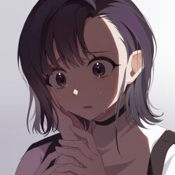 1girl 1other :o brown_hair crying crying_with_eyes_open grey_background hand_on_another&#039;s_cheek hand_on_another&#039;s_face highres holding_another&#039;s_wrist kashiki_yuno looking_down lower_teeth_only medium_hair milgram mole mole_under_eye simple_background tears teeth yingwux1