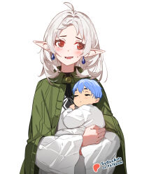 1boy 1girl artist_name baby blue_hair carrying_baby carrying_person crossover earrings elf floating_earrings hashtag-only_commentary himmel_(sousou_no_frieren) jewelry long_hair looking_at_viewer mushoku_tensei patreon_logo patreon_username pointy_ears red_eyes short_hair simple_background sousou_no_frieren sydus sylphiette_(mushoku_tensei) upper_body white_background white_hair