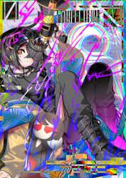 1girl absurdres belt black_belt black_boots black_hair black_hoodie black_pants black_shirt boots breasts brown_eyes chaldea_logo character_doll closed_mouth colorful colorful_background doll eyewear_on_head fate/grand_order fate_(series) hair_over_one_eye headphones high-waist_pants highres holding holding_megaphone hood hooded_shirt hoodie jacket kitsunebi44410 knees_up lady_yu_doll looking_at_viewer megaphone mole mole_under_eye multiple_belts pants shirt short_hair small_breasts solo sunglasses xu_fu_(fate) yellow_jacket