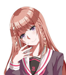 1girl braid commentary_request d4dj hair_ornament hand_up head_tilt heart heart_hair_ornament kuon_ayumi long_hair long_sleeves looking_at_viewer multicolored_hair olly_(ollycrescent) pink_hair portrait purple_eyes school_uniform serafuku side_braids smile solo streaked_hair white_background white_hair