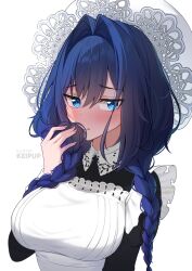 1girl apron black_dress blue_eyes blue_hair braid breasts closed_mouth dress highres hololive hololive_english keipup large_breasts looking_at_viewer maid maid_apron official_alternate_costume official_alternate_hairstyle ouro_kronii ouro_kronii_(maid) solo twin_braids virtual_youtuber white_apron