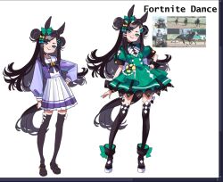 1girl animal_ears art_program_in_frame black_boots black_hair black_shoes black_thighhighs boots bow bowtie character_name commentary double_bun dress ear_bow english_commentary flipped_hair fortnite_dance_(racehorse) full_body green_bow green_dress green_eyes green_lips grin hair_bun hair_ornament hairclip horse_ears horse_girl horse_tail horseshoe_ornament long_hair long_sleeves personification pleated_skirt puffy_short_sleeves puffy_sleeves purple_bow purple_bowtie purple_shirt real_life reference_inset sailor_collar sailor_shirt school_uniform shirt shoes short_sleeves sidelocks simple_background skirt smile summer_uniform swept_bangs tail thighhighs tracen_school_uniform umamusume vanellabeam white_background white_skirt