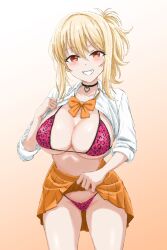 1girl bikini black_choker blonde_hair breasts brown_eyes choker clothes_lift commentary gradient_background heart heart_choker highres large_breasts leopard_print_bikini lifting_own_clothes love_live! love_live!_nijigasaki_high_school_idol_club medium_hair miyashita_ai naughty_face neck_ribbon open_clothes open_shirt orange_background orange_ribbon orange_skirt pink_bikini ponytail ribbon shirt shizutered sidelocks skirt skirt_lift smile solo swimsuit symbol-only_commentary white_shirt