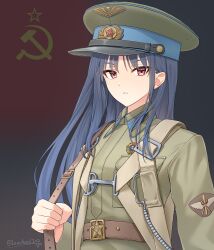 1girl absurdres artist_name battle_of_stalingrad belt belt_buckle blue_hair brown_belt buckle closed_mouth collar_tabs commentary flag_background green_hat green_jacket hammer_and_sickle hat highres jacket leochan1202 long_hair long_sleeves looking_at_viewer military military_uniform original peaked_cap red_eyes red_star solo soviet_air_force soviet_army soviet_flag star_(symbol) upper_body world_war_ii