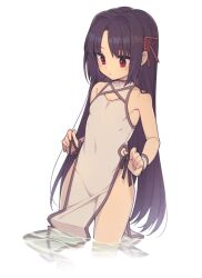 Rule 34 | 1girl, bare shoulders, black hair, china dress, chinese clothes, dress, everyntrge, expressionless, female focus, flat chest, grey dress, hair ribbon, long hair, original, pelvic curtain, red eyes, red ribbon, ribbon, side slit, simple background, sleeveless, sleeveless dress, solo, standing, untying, very long hair, wading, water, white background, wrist cuffs