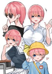 1girl age_progression black_shirt blue_eyes blush breasts child clothes_around_waist collarbone desk earrings glasses go-toubun_no_hanayome highres jewelry large_breasts mame1645 nakano_ichika pink_hair sailor_collar school_uniform shirt short_hair simple_background skirt sweater sweater_around_waist v white_background white_sailor_collar white_shirt white_skirt