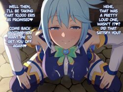1boy 1girl after_fellatio aqua_(konosuba) blue_boots blue_eyes blue_hair blue_shirt blue_skirt boots breasts closed_mouth covered_erect_nipples cum cum_on_body cum_on_breasts cum_on_clothes cum_on_upper_body detached_sleeves english_text from_above hetero highres kono_subarashii_sekai_ni_shukufuku_wo! large_breasts large_variant_set long_hair looking_at_viewer naughty_face outdoors prostitution shirt skirt smile squatting stray_pubic_hair tedain thigh_boots thighhighs variant_set white_sleeves white_thighhighs