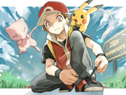 1boy absurdres anniversary black_shirt brown_hair closed_mouth cloud commentary_request day gen_1_pokemon grey_pants hat highres legendary_pokemon looking_down male_focus mew_(pokemon) mythical_pokemon nintendo on_shoulder outdoors pants pikachu pokemon pokemon_(creature) pokemon_frlg pokemon_on_shoulder red_(pokemon) red_headwear red_vest shirt shoes short_hair short_sleeves sign sky smile squatting t-shirt tyaui_(xjju4435) tying_footwear vest