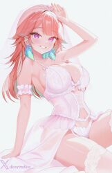 1girl absurdres arm_up armpits blush bra breasts bridal_veil collarbone corset deermiko earrings feather_earrings feathers grin highres hololive hololive_english jewelry large_breasts lingerie looking_at_viewer miniskirt orange_hair panties parted_lips purple_eyes ring simple_background sitting skirt smile solo strap_gap takanashi_kiara thighhighs underwear veil virtual_youtuber wedding_ring white_background white_bra white_corset white_panties white_skirt white_thighhighs