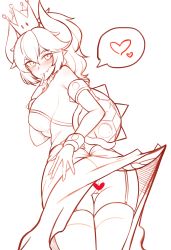 3gs armlet blush bowsette bracelet breasts censored clothes_lift collar dress dress_lift earrings fang finger_to_mouth garter_straps heart heart_censor highres horns jewelry large_breasts mario_(series) monochrome new_super_mario_bros._u_deluxe nintendo pointy_ears ponytail smile solo spiked_armlet spiked_bracelet spiked_collar spiked_shell spikes spoken_heart super_crown tail tail_raised thighhighs