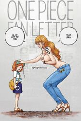2girls achmunzav age_difference bangle blue_skirt bracelet breasts closed_eyes copyright_name covering_breasts covering_privates denim english_text hand_on_another&#039;s_head high_heel_sandals huge_breasts jeans jewelry log_pose multiple_girls nami&#039;s_fangirl nami_(one_piece) nami_(one_piece)_(return_to_sabaody) one_piece one_piece_fan_letter orange_hair pants sandals shoulder_tattoo skirt smile speech_bubble tattoo topless_female unworn_bikini_top