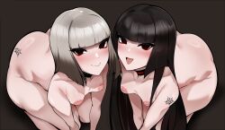 2girls absurdres ass black_eyes black_hair blunt_bangs breasts choker closed_mouth command_spell eyeliner fate/grand_order fate_(series) grey_hair highres inverted_nipples komahime_(fate) leaning_forward long_hair looking_at_viewer makeup multiple_girls open_mouth owner1657 sen_no_rikyu_(fate) short_hair small_breasts thighs very_long_hair