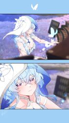 1girl absurdres armlet blue_butterfly blue_hair blue_veil blurry blurry_background breasts bug butterfly closed_mouth colored_eyelashes commentary_request dated dress grand_piano hair_between_eyes highres insect instrument jewelry light_blush long_hair medium_breasts piano purple_eyes shorekeeper_(wuthering_waves) signature sleeveless sleeveless_dress smile starblame two-tone_veil veil white_veil wuthering_waves