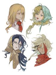 4girls :d absurdres argus_(reverse:1999) black_hair blonde_hair blue_eyes blue_headscarf brown_headscarf closed_mouth collared_shirt cropped_head headscarf highres long_braid looking_at_viewer multiple_girls neckerchief necktie one_eye_covered open_mouth parted_lips portrait red_eyes red_neckerchief red_necktie reverse:1999 scar scar_across_eye scar_on_face shirt smile szztzzs tennant_(reverse:1999) vila_(reverse:1999) white_background white_shirt willow_(reverse:1999)