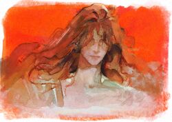 Rule 34 | 1girl, bare shoulders, border, closed mouth, collarbone, cropped shoulders, curtained hair, elden ring, facing viewer, ht7145394, long hair, malenia blade of miquella, malenia goddess of rot, no eyes, painting (medium), red hair, simple background, solo, traditional media, watercolor (medium), white border