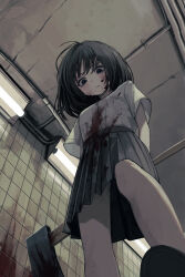 1girl absurdres arms_behind_back axe black_hair blood blood_on_clothes blood_on_face blood_on_wall blood_splatter bloody_weapon blue_eyes blush ceiling closed_mouth collared_shirt commentary expressionless eyelashes feet_out_of_frame from_below highres holding holding_axe holding_weapon implied_murder indoors long_hair looking_down medium_skirt original pleated_skirt sakiika0513 shadow shirt shirt_tucked_in shoes short_sleeves sidelighting skirt solo standing upskirt weapon white_shirt