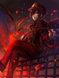 1girl :d belt black_hair black_hat cape crossed_legs dark_background fate/grand_order fate_(series) female_focus fence fire from_below gloves hat holding long_hair long_sleeves looking_at_viewer looking_down low_ponytail male_focus military military_uniform necktie oda_nobukatsu_(fate) on_fence open_mouth pants peaked_cap ponytail red_eyes red_necktie red_pants riding_crop shigaraki_(strobe_blue) sidelocks smile solo very_long_hair white_gloves