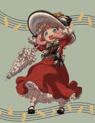 Rule 34 | 1girl, anya (spy x family), arms up, ayamame, belt, belt bow, black gloves, black shoes, bow, bowtie, commentary, cosplay, dress, eliza doolittle, eliza doolittle (cosplay), food print, frilled dress, frilled socks, frilled umbrella, frills, gloves, green eyes, grey background, hands on headwear, hat, hat bow, hat ornament, highres, layered dress, long dress, looking down, mary janes, medium hair, musical staff, my fair lady, official alternate costume, open mouth, peanut, pink hair, print dress, red dress, ribbon, shoes, socks, solo, spy x family, standing, star (symbol), star hat ornament, striped belt, striped bow, striped bowtie, striped clothes, teeth, umbrella, upper teeth only, white socks