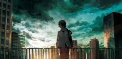 1boy backpack bag blue_sky brown_hair brown_pants building cloud cloudy_sky commentary_request cowboy_shot highres looking_to_the_side male_focus original pants partially_unbuttoned railing shirt sky skyscraper solo sunrise syo5 white_shirt