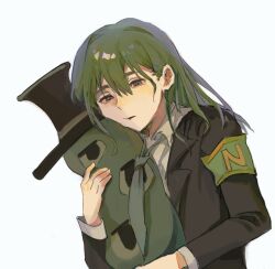Rule 34 | 1boy, armband, black jacket, collared shirt, deteriorate748, formal clothes, green armband, green hair, green necktie, hugging object, jacket, lapels, library of ruina, lobotomy corporation, long hair, necktie, netzach (project moon), project moon, shirt, simple background, solo, stuffed toy, suit jacket, upper body, white background, white shirt