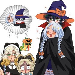 1boy 3girls ajaw_(genshin_impact) alternate_costume aqua_dress aqua_eyes black_bow black_cloak black_hair black_lips black_sleeves blonde_hair blue_hair blunt_bangs blush borrowed_clothes bow bowtie braid cloak closed_eyes cocotsuko1204 coif constricted_pupils couple cross cross_ornament crossed_bangs dark-skinned_female dark_skin disembodied_head dragon dress eyelashes eyeliner eyeshadow fish-shaped_pupils frilled_skirt frills genshin_impact gradient_hair green_eyes green_hair habit hair_bow hair_intakes halloween_costume hat hat_bow hetero highres hug jack-o&#039;-lantern jitome kachina_(genshin_impact) kinich_(genshin_impact) light_blue_hair long_hair makeup mualani_(genshin_impact) multicolored_hair multiple_girls nun one_eye_closed open_mouth orange_bow orange_hat parted_bangs pixelated pumpkin_hat puritan_collar purple_hat purple_skirt raised_eyebrow red_cloak red_eyeliner red_eyes red_eyeshadow shaded_face short_eyebrows side_braid sidelocks skirt slit_pupils small_dragon spoken_character streaked_hair sweat twin_braids two-sided_cloak two-sided_fabric two-sided_headwear unworn_hat unworn_headwear v-shaped_eyebrows white_background white_bow white_bowtie wide-eyed witch_hat xilonen_(genshin_impact)