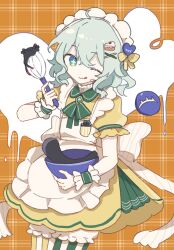 +_+ 1girl :3 :q adapted_costume ahoge apron asymmetrical_legwear back_bow baking batter bloomers bow bowl cake_hair_ornament chinese_commentary commentary_request cowboy_shot crossed_bangs dress food food-themed_hair_ornament food_on_face frilled_apron frilled_sleeves frilled_wrist_cuffs frills green_eyes green_hair green_pantyhose hair_ornament heart heart_hair_ornament highres holding holding_bowl holding_whisk icing kaenbyou_rin komeiji_koishi looking_at_viewer maid_headdress medium_hair mismatched_legwear mixing_bowl one_eye_closed pantyhose puffy_short_sleeves puffy_sleeves reiuji_utsuho short_sleeves smile solo striped_clothes striped_pantyhose third_eye tongue tongue_out touhou underwear vertical-striped_clothes vertical-striped_pantyhose whisk white_apron white_bloomers wrist_cuffs wusem0108 x_hair_ornament yellow_background yellow_dress yellow_pantyhose