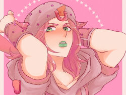 1boy absurdres arms_up beanie border commentary commentary_request green_eyes green_lips hat heart_ornament highres hood hood_down hoodie horseshoe_hat_ornament horseshoe_ornament johnny_joestar jojo_no_kimyou_na_bouken looking_at_viewer m_a_a_m_8 makeup male_focus medium_hair parted_lips pink_background pink_hair pink_hat pink_hoodie solo star_(symbol) star_print steel_ball_run teeth white_border wristband