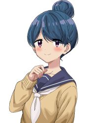 1girl blue_hair hair_bun highres motosu_school_uniform purple_eyes riokasen sailor_collar school_uniform shima_rin smile solo white_background yurucamp