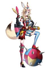 absurdres animal_ears club_hair_ornament cosplay diamond_hair_ornament explosive fox_ears fox_girl fox_tail grenade_launcher hair_ornament highres hololive junkrat_(overwatch) junkrat_(overwatch)_(cosplay) mark_under_eye mechanical_arms mechanical_legs nyacifer omaru_polka overwatch playing_card_theme single_mechanical_arm single_mechanical_leg spade_hair_ornament tail virtual_youtuber weapon