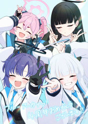 4girls :d ^_^ absurdres black_gloves black_hair blue_archive blunt_bangs blush blush_stickers breasts closed_eyes double_v facing_viewer fingerless_gloves gloves grin hair_ornament hairclip halo highres jacket koyuki_(blue_archive) long_hair multiple_girls necktie noa_(blue_archive) open_mouth pink_hair purple_hair rio_(blue_archive) seminar_(blue_archive) smile sonchou twintails two_side_up v white_hair yuuka_(blue_archive)