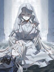 2girls absurdres bare_shoulders blue_eyes blue_hair closed_eyes column_lineup dress eyelashes furina_(genshin_impact) genshin_impact hand_on_another&#039;s_head highres koumimi lap_pillow long_hair mismatched_eyes multicolored_hair multiple_girls robe serious shaded_face single_tear sleeping sleeping_on_person staring streaked_hair veil very_long_hair white_dress white_hair white_robe white_theme white_veil