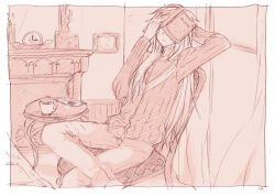 1boy bad_id book book_on_head brown_theme chair clock closed_mouth commentary_request cup curtains expressionless feet_out_of_frame figure_four_sitting indoors lala_(sputnik) long_hair long_sleeves male_focus mirror monochrome mug object_on_head pants ragnarok_online sabiku sitting solo sweater table window