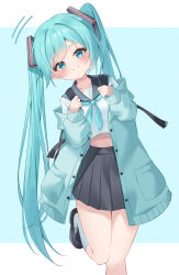 Rule 34 | 1girl, absurdres, aqua background, aqua coat, aqua eyes, aqua hair, aqua neckerchief, backpack, bag, black shoes, black skirt, blush, border, clenched hands, coat, collarbone, commentary, crop top, dot nose, hair ornament, hair tie, hatsune miku, head tilt, highres, kneehighs, leg up, loafers, long hair, midriff, miniskirt, motion lines, navel, neckerchief, off shoulder, pleated skirt, ryaru ryaru, school uniform, serafuku, shoes, skirt, smile, socks, solo, split mouth, standing, standing on one leg, swept bangs, twintails, very long hair, vocaloid, white border, white serafuku, white socks