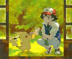 Rule 34 | 1boy, ash ketchum, blue jacket, brown eyes, closed mouth, commentary request, cup, day, explodjelly, eye contact, fingerless gloves, gen 1 pokemon, glass, gloves, green gloves, happy, hat, highres, holding, holding cup, jacket, looking at another, male focus, nintendo, pants, pikachu, pokemon, pokemon (anime), pokemon (classic anime), pokemon (creature), red hat, shirt, shoes, short hair, short sleeves, smile, sneakers, squatting, toasting (gesture)