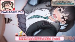 ! !! 1boy 1girl :o absurdres anger_vein black_hair black_jacket blush clothed_female_nude_male clothes_lift commentary_request echi_no_tami green_necktie highres idolmaster idolmaster_cinderella_girls inset jacket male_pubic_hair mask mask_pull missionary mole mole_under_eye mouth_mask necktie nose_blush nude open_clothes open_jacket penis pleated_skirt pubic_hair school_uniform sex sharp_teeth shirt skirt skirt_lift speech_bubble spread_legs subtitled sunazuka_akira sweatdrop teeth translation_request tv_show twintails vaginal white_mask white_shirt