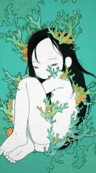 1girl barefoot black_hair completely_nude coral expressionless full_body grey_eyes highres long_hair nude original possummachine simple_background solo toes